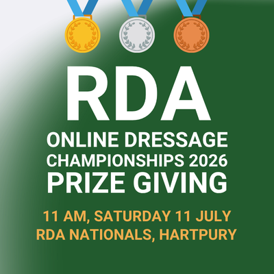 RDA 2026 Medal Ceremony Promotional graphic for the RDA Online Dressage Championships 2026 Prize Giving, featuring gold, silver, and bronze medals on a green gradient background with event details for Saturday, 11th July at 11 AM at Hartpury.